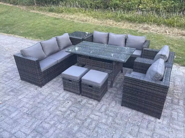 Fimous 10 Seater Outdoor Garden Furniture Set in Dark Grey with Rattan Lounge Sofa, Dining Table, 2 Armchairs, Side Table and 2 Stools