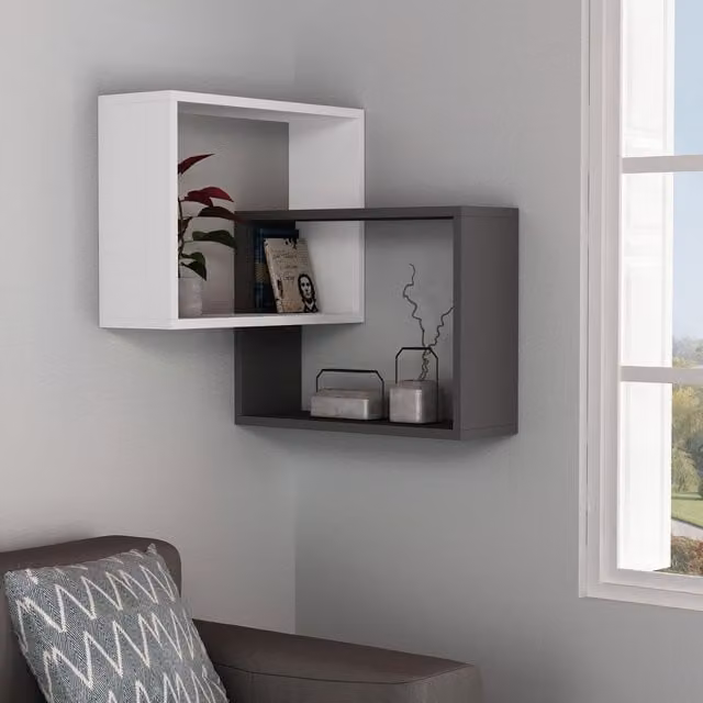 Decortie Ring Corner Wall Mounted Modern Bookcase Display Unit in White and Anthracite Grey, W/D/H: 60 x 60 x 68 cm