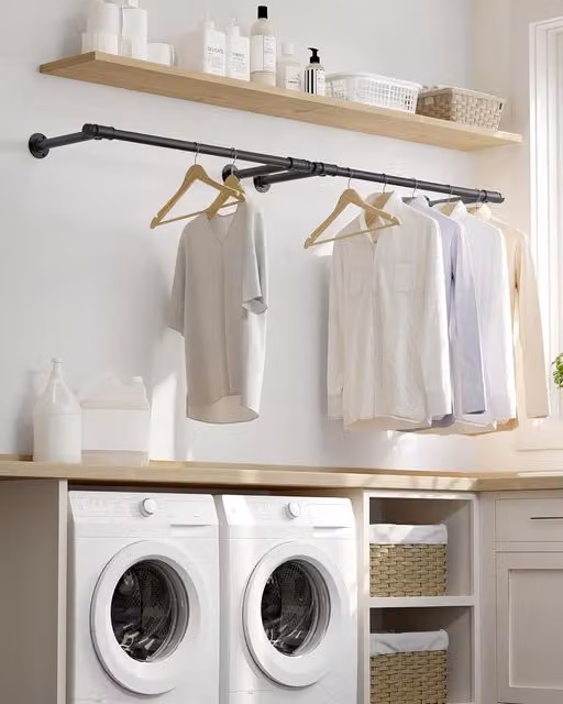 SONGMICS Set of 2 Industrial Wall Mounted Metal Clothes Rails in Matt Black, Length: 84 cm and 60 cm
