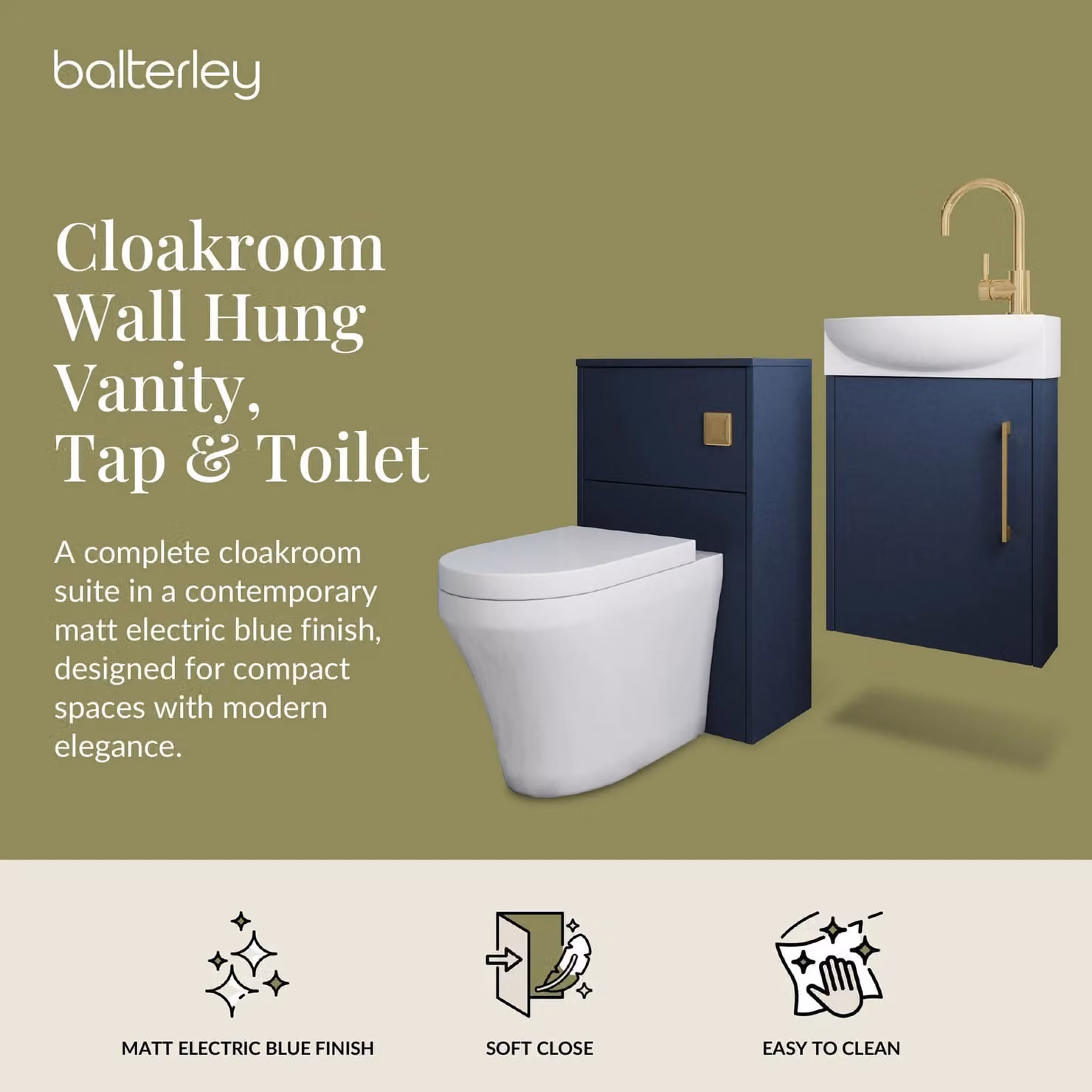 Balterley Left Hand Cloakroom Suite with Grey Vanity, WC, Tap Set and Blue Brass Details, Width: 44 cm – 2