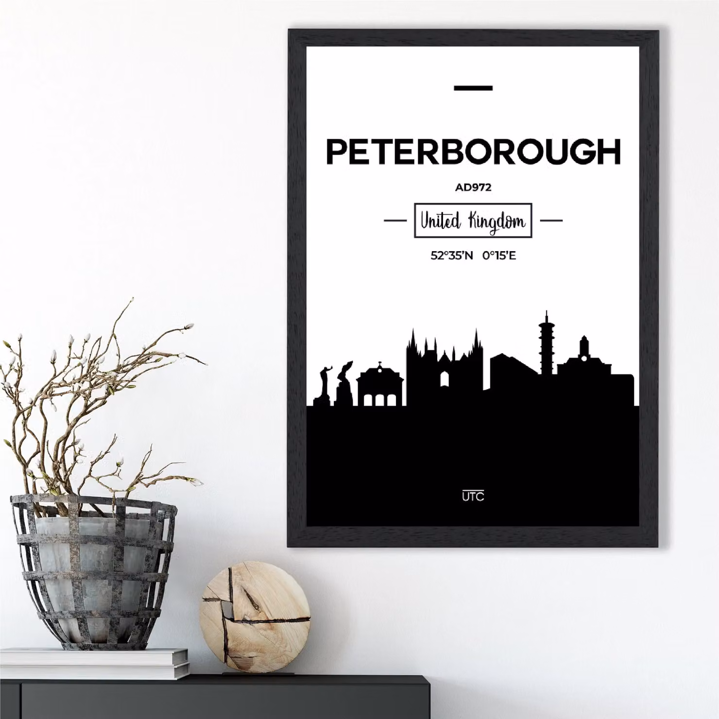 ARTZE Peterborough Black and White City Skyline Framed Print – 2