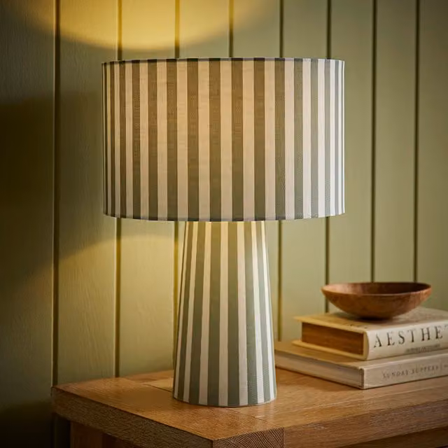 ValueLights Thorley Stripe Fabric Table Lamp with Drum Shade and LED Bulb, Green