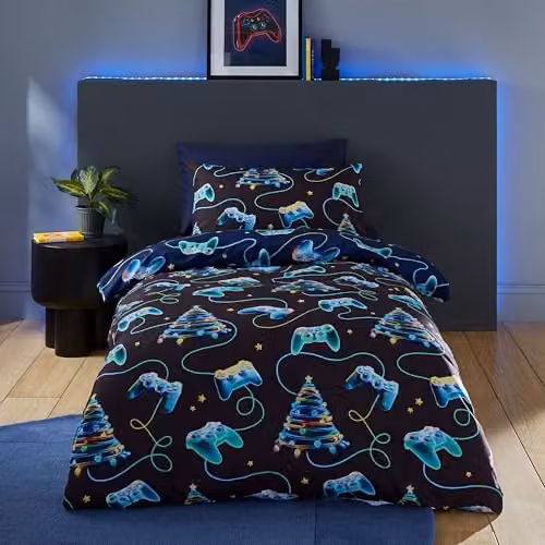 Catherine Lansfield Christmas Gamer Reversible Single Duvet Cover and Pillowcase Set, Navy Blue, W/D/H: 135 x 200 cm, Pillowcase: 50 x 75 cm – 1