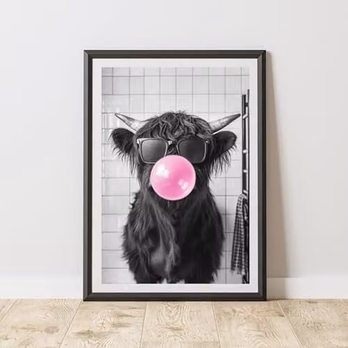 60 Second Makeover Highland Cow Pink Bubble Gum Animal Print Paper Poster, A4