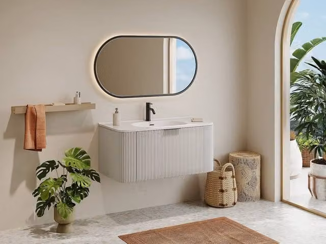 Vente-unique Wall-Mounted Ribbed Bathroom Vanity Unit with Inset Basin in Matt White – 1