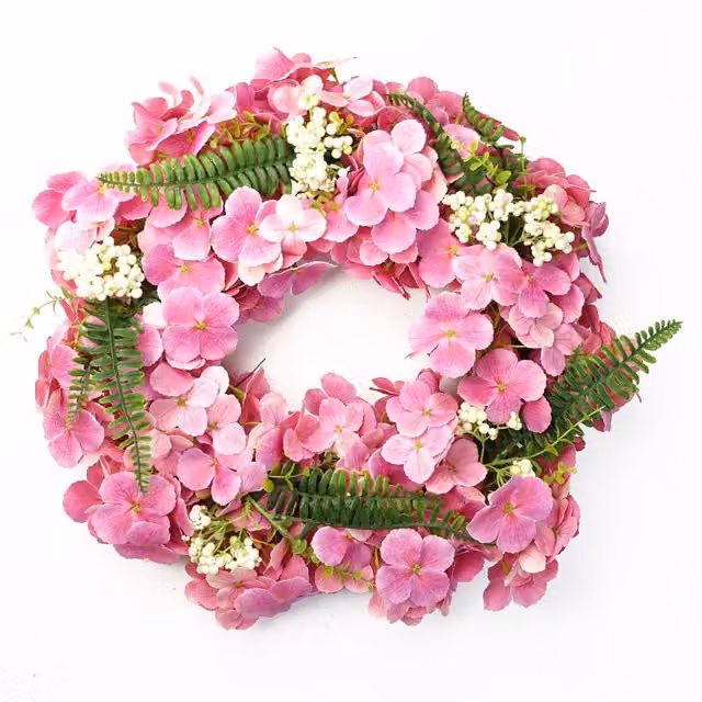 Round Artificial Pink Floral Blossom Wreath with Leaves
