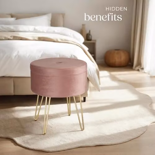 tectake Ava Round Velvet Stool with Storage Compartment in Pink and Gold, W/D/H: 37.5 x 44.5 x 37.5 cm – 2