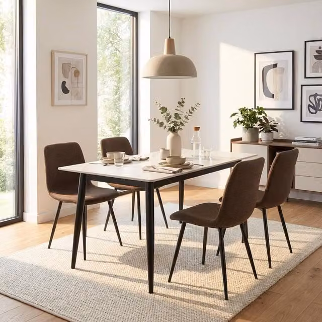FWStyle 5 Piece Modern Cream Marble Effect Ceramic Dining Table and Dark Brown Chairs Set