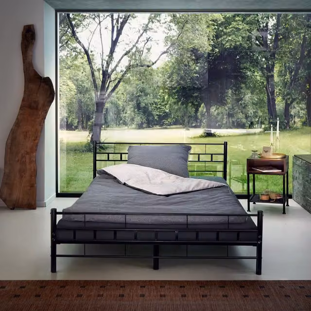 Tectake Modern Matt Black Metal Bed Frame with Slatted Base