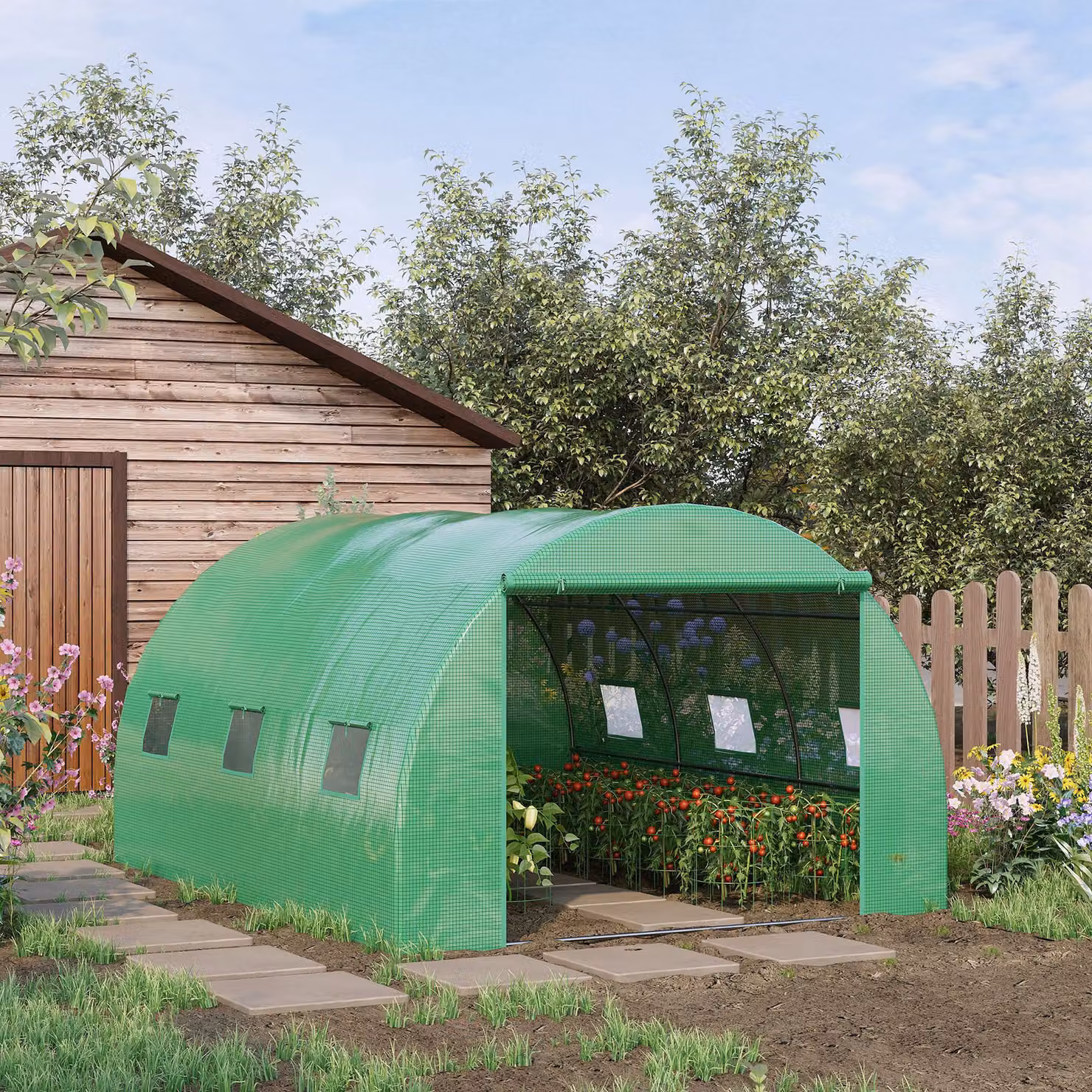 Outsunny Poly Tunnel Greenhouse in Green with PE Cover, Zippered Roll Up Door and 6 Windows, W/D/H: 4 x 3 x 2 m – 2