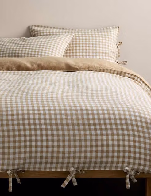 M&S Pure Linen Checked Duvet Cover and Pillowcase Set in Beige, 180 x 200 cm