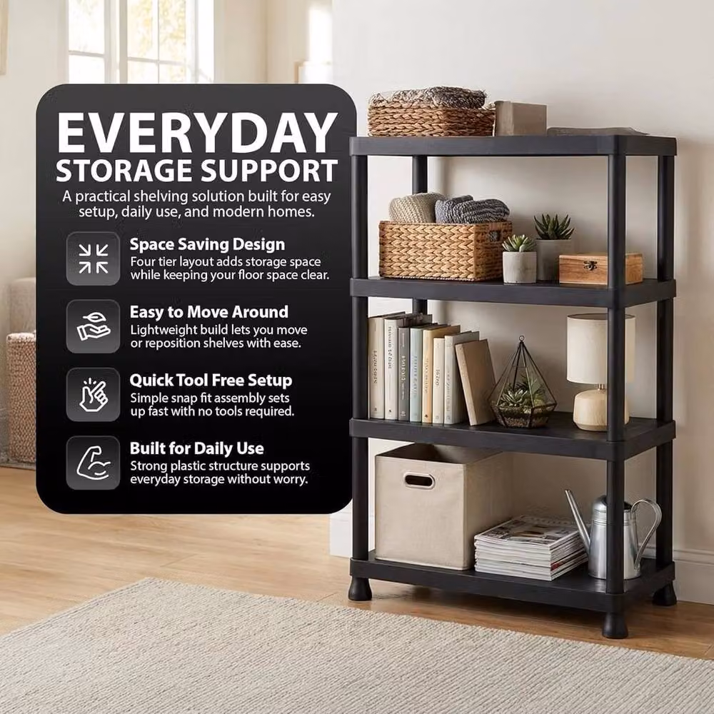 PAWNORA 4-Tier Plastic Freestanding Storage Shelving Rack in Black – 4