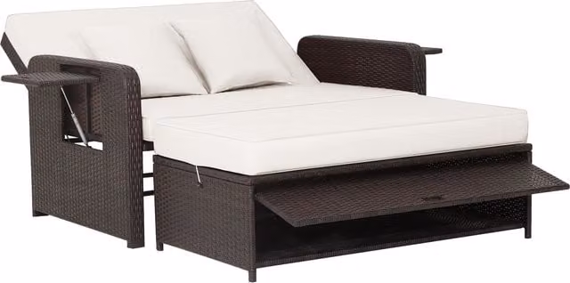 COSTWAY Outdoor Rattan Daybed Set in White and Brown with Adjustable Headrest, Side Tray and Armrests