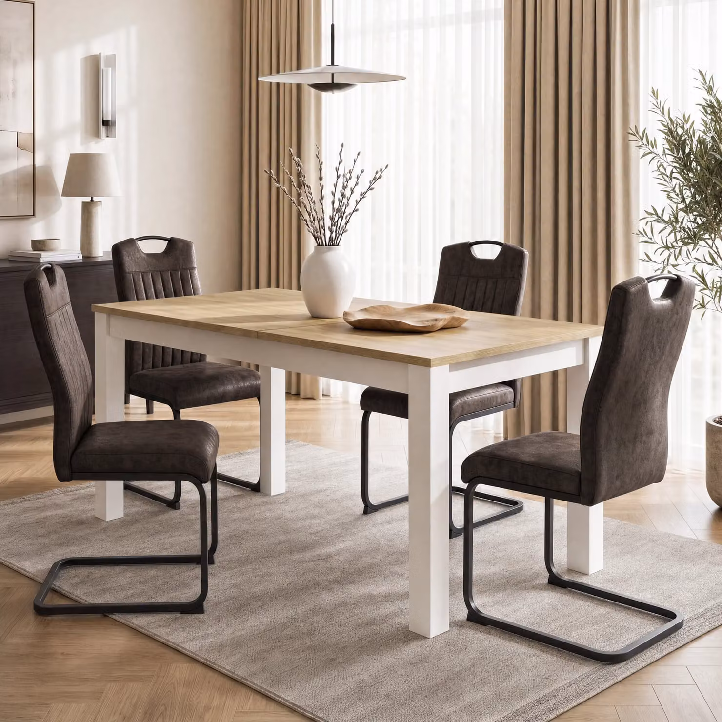 DHS Industrial Extendable Rectangular Dining Table with Butterfly Leaf, Brown, Black or White