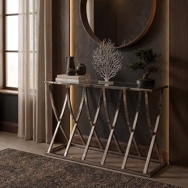 Orsina Reena Modern Silver Console Table with Glass Top and Metal X-Frame