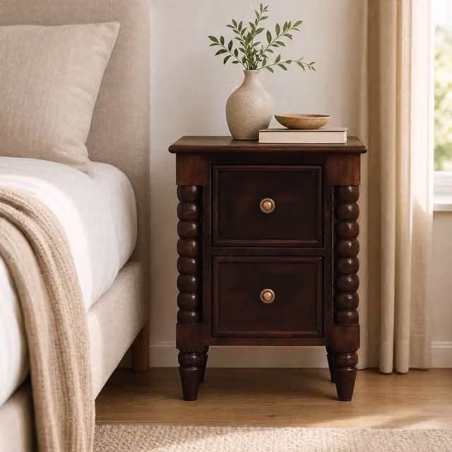 STILVORA Classic Brown Wood Nightstand with 2 Drawers