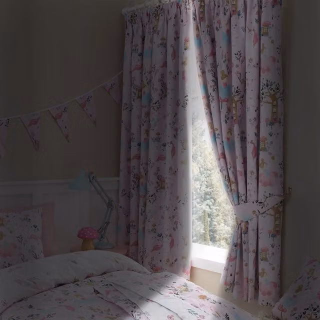 Happy Linen Company Enchanted Forest Thermal Blackout Pencil Pleat Curtain Set in Pink, Width: 167 cm, Drop: 183 cm