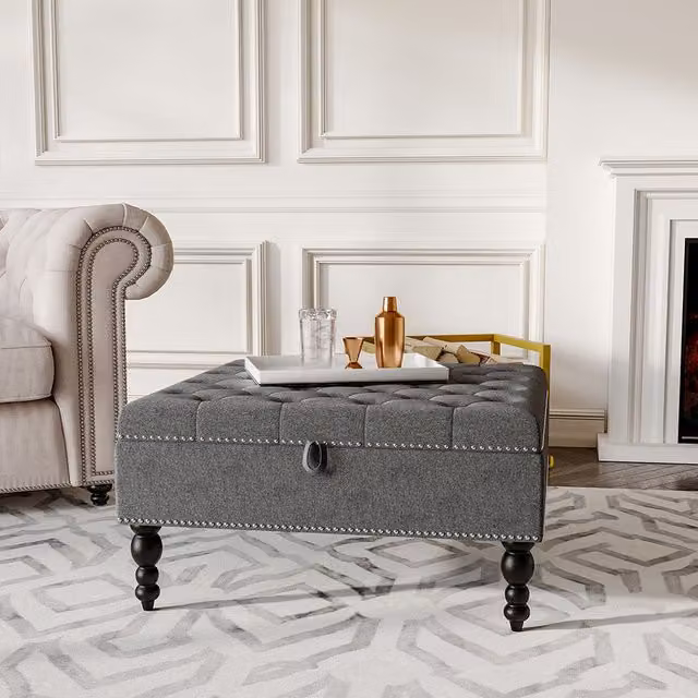 Livingandhome Grey Rectangular Tufted Linen Storage Ottoman with Wood Legs, Width: 85 cm