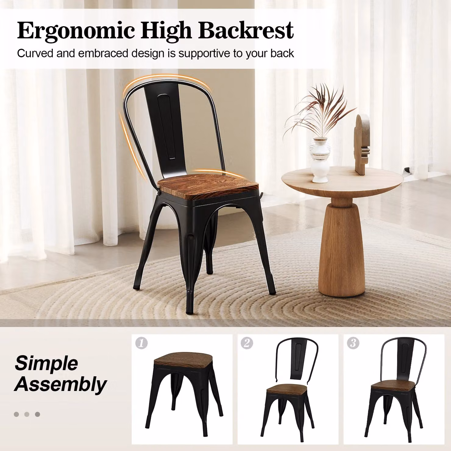Gymax Set of 4 Stackable Metal and Wood Industrial Dining Chairs in Matt Black – 7