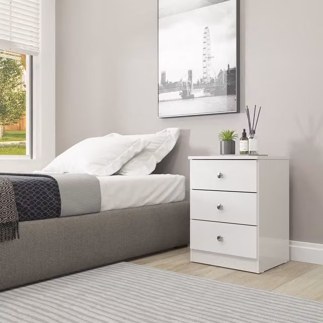 Seconique Denver 3 Drawer Bedside Table in White Glossy Finish
