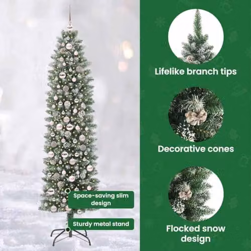 vidaXL Artificial Slim Christmas Tree in Green and White, Height: 210 cm – 5