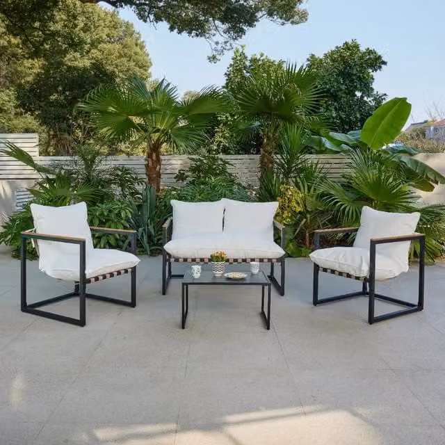 GRS Alhambra 4 Piece Modern Lounge Garden Furniture Set in Ivory Metal