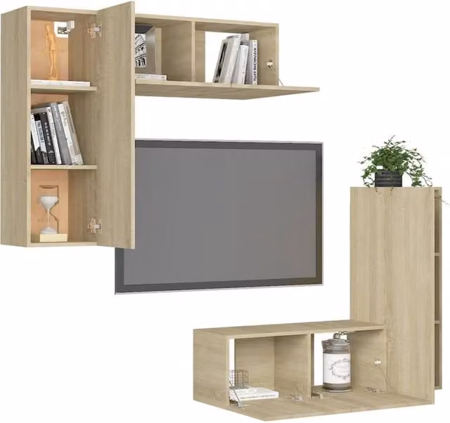 Berkfield Home Practical 4 Piece TV Cabinet Set in Sonoma Oak and Light Brown Engineered Wood