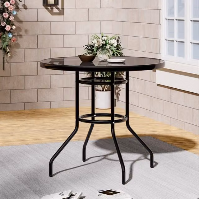 Livingandhome Modern Black Toughened Glass Garden Table with Umbrella Hole
