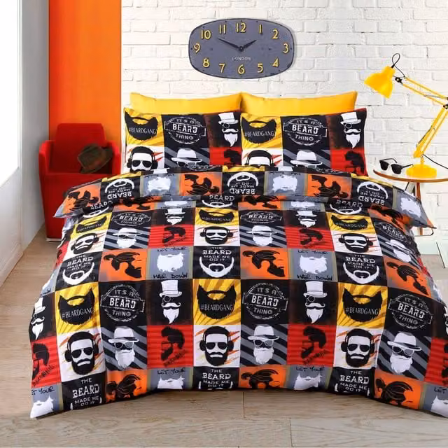 Velosso Reversible Graphic Duvet Cover and Pillowcase Set in Black and Multicolour, W: 90 cm, L: 200 cm