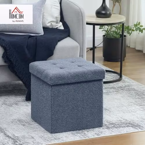 HOMCOM Foldable Sherpa Fleece Ottoman Storage Box in Blue, W/D/H: 38 x 38 x 38 cm – 2