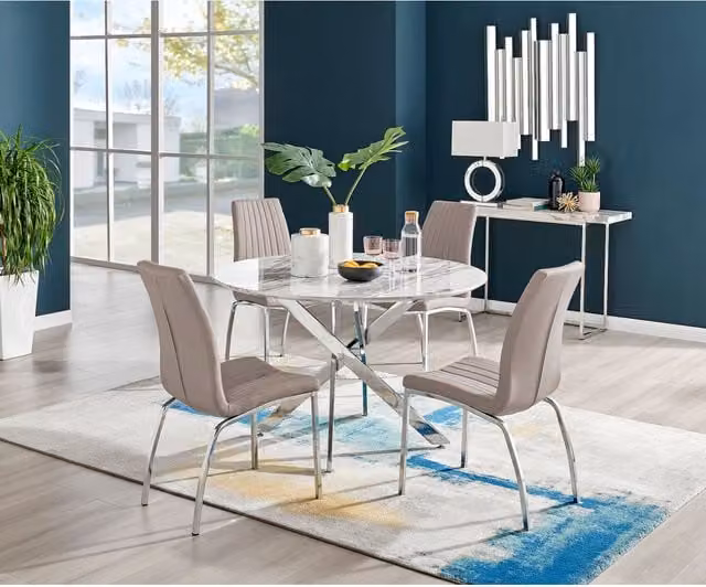 FurnitureboxUK Novara White Marble Effect Round Dining Table and 4 Isco Chairs in Cappuccino, Diameter: 120 cm