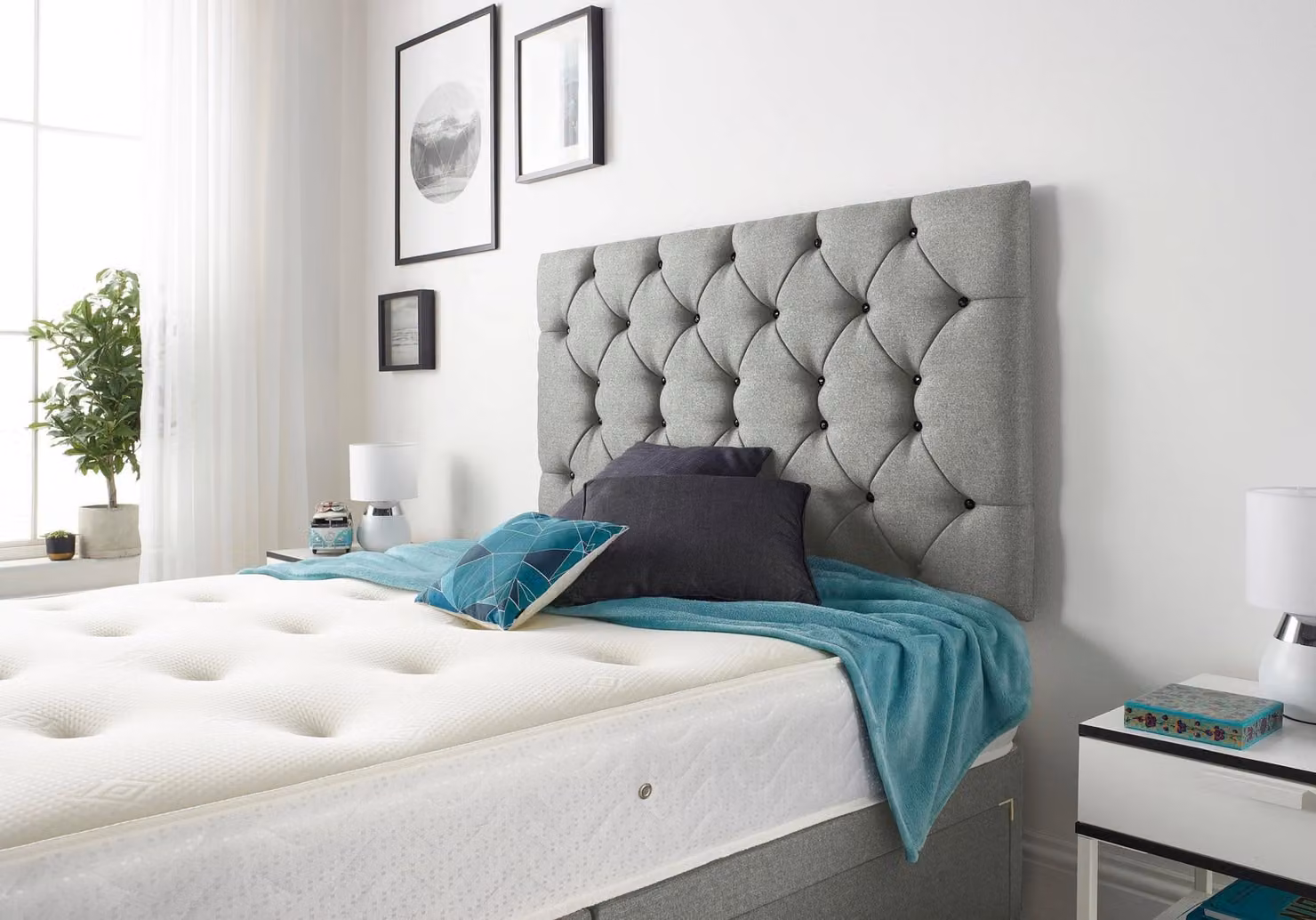 Somnior Premier Grey Tweed Fabric 4 Drawer Divan Bed Set with Chesterfield Upholstered Headboard, W/D/H: 200 x 200 cm, Super King – 2