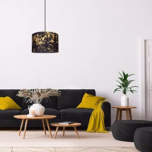 Happy Homewares Modern Round Black Cotton Fabric Lamp Shade with Gold Foil Design, Diameter: 30 cm – 5