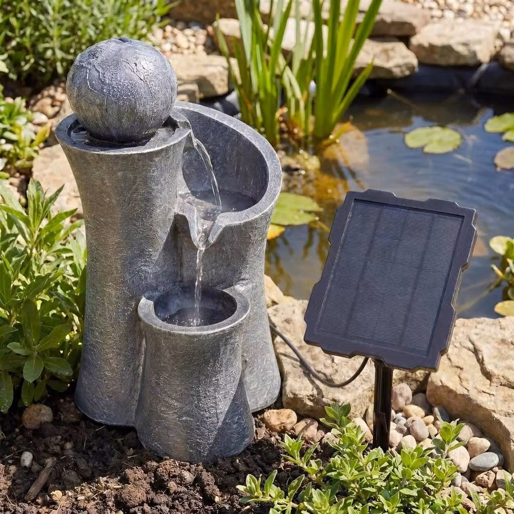 Spetlek Solar Powered Cascade Water Feature with LED Lights in Grey Polyresin, W/D/H: 40.0 x 24.0 x 0.6 m2 – 4