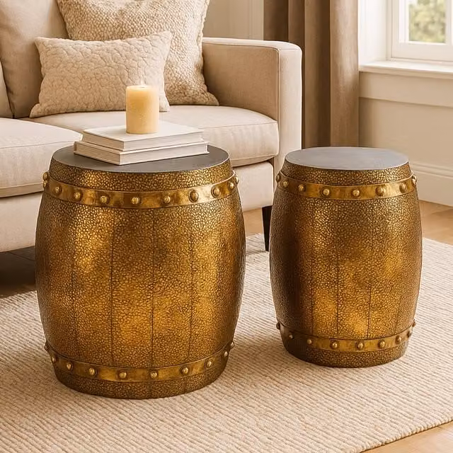 Orsina Reza Set of 2 Hammered Metal Drum Stools and Tables in Gold and Grey Antique Finish