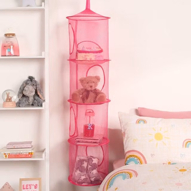 OHS 4 Tier Large Mesh Toy Storage Hanging Net Organiser Basket in Pink