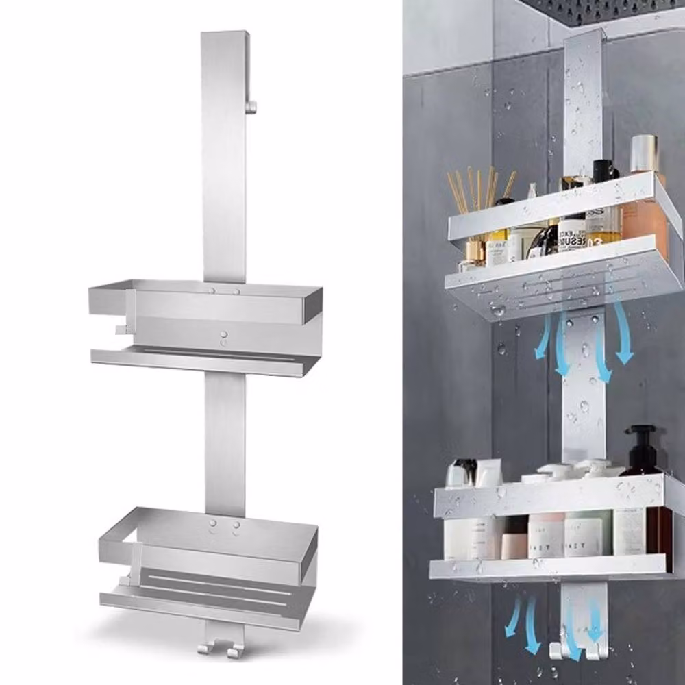 VOGREX 2 Tier Hanging Over Door Stainless Steel Bathroom Shower Caddy Rack in Silver – 3