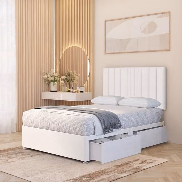 Somnior Beds Ltd Arizona White Plush Velvet Orthopaedic Divan Bed Set with Hybrid Mattress and 32 inch Headboard, W/D/H: 140 x 200 cm
