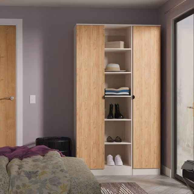 Bora Ready Assembled Tall 3 Door Wardrobe with Shelves in Gold Craft Oak and Kashmir