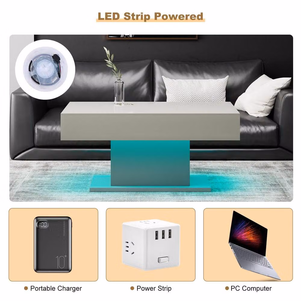 KEEPREAPER High Gloss Rectangular Coffee Table with 16-Colour LED Light in Grey – 5