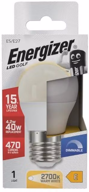 Energizer ES/E27 LED Golf Bulb, Warm White Opal Globe