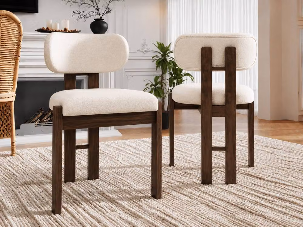 Matteo Boucle Upholstered Dining Chairs with Solid Walnut Wood Frame, Set of 2, Beige and Brown – 2