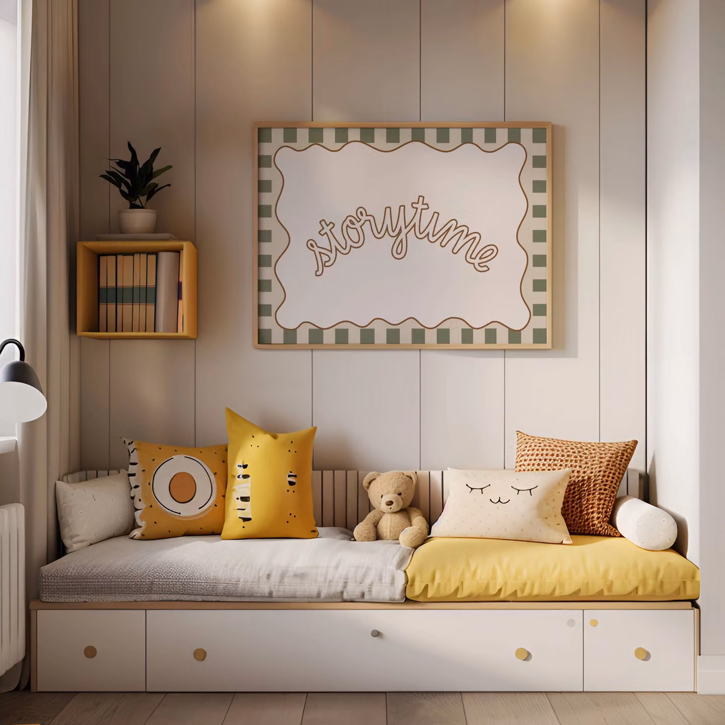 Autumns Corner Storytime Checkerboard Paper Poster in Olive and Pink – 1