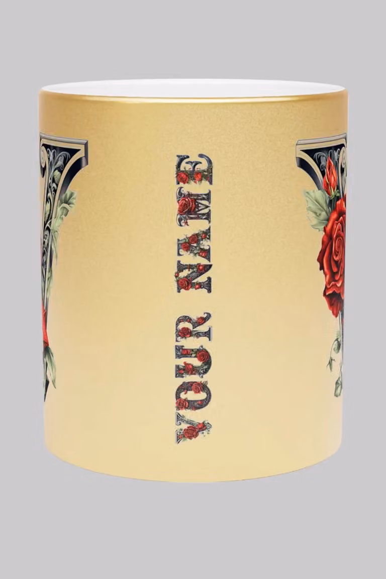 Simply Stunning Mugs Personalised Handcrafted Gothic Letter Y and Name Metallic Gold Ceramic Mug