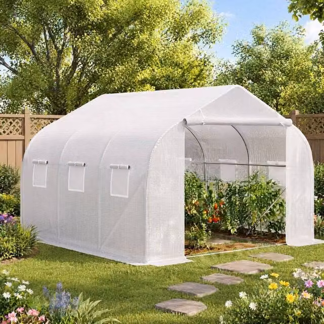 STILVORA White Walk-In Greenhouse with 6 Mesh Windows and PE Cover, W/D/H: 350 x 300 x 200 cm – 1