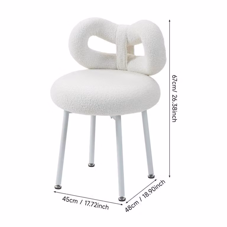 FORGEVIO White Bouclé Vanity Dressing Table Stool with Metal Frame, W/D/H: 45 x 48 x 67 cm