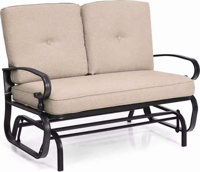 Costway 2-Seater Outdoor Swing Glider Chair with Armrests and Cushions, Brown and Beige