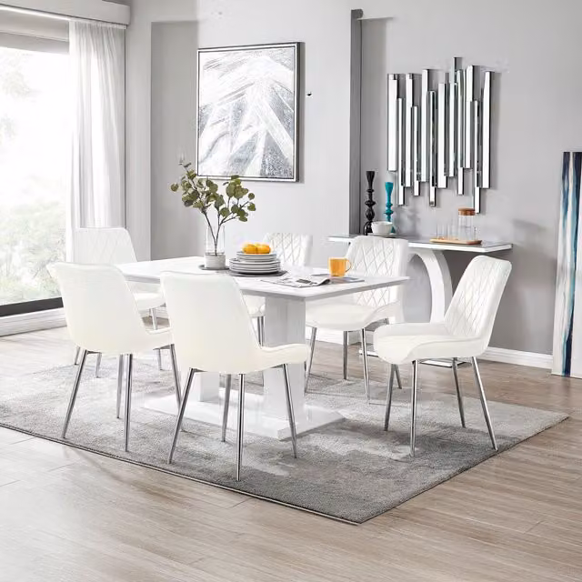 FurnitureboxUK Imperia 6-Person Dining Set with 6 Pesaro Chairs in White and Silver