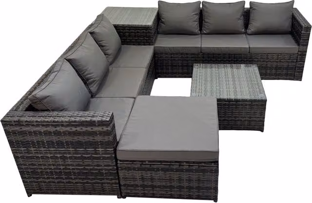 Fimous 7 Seater L-Shape Rattan Garden Furniture Set with Ottoman and Coffee Table in Dark Grey – 1