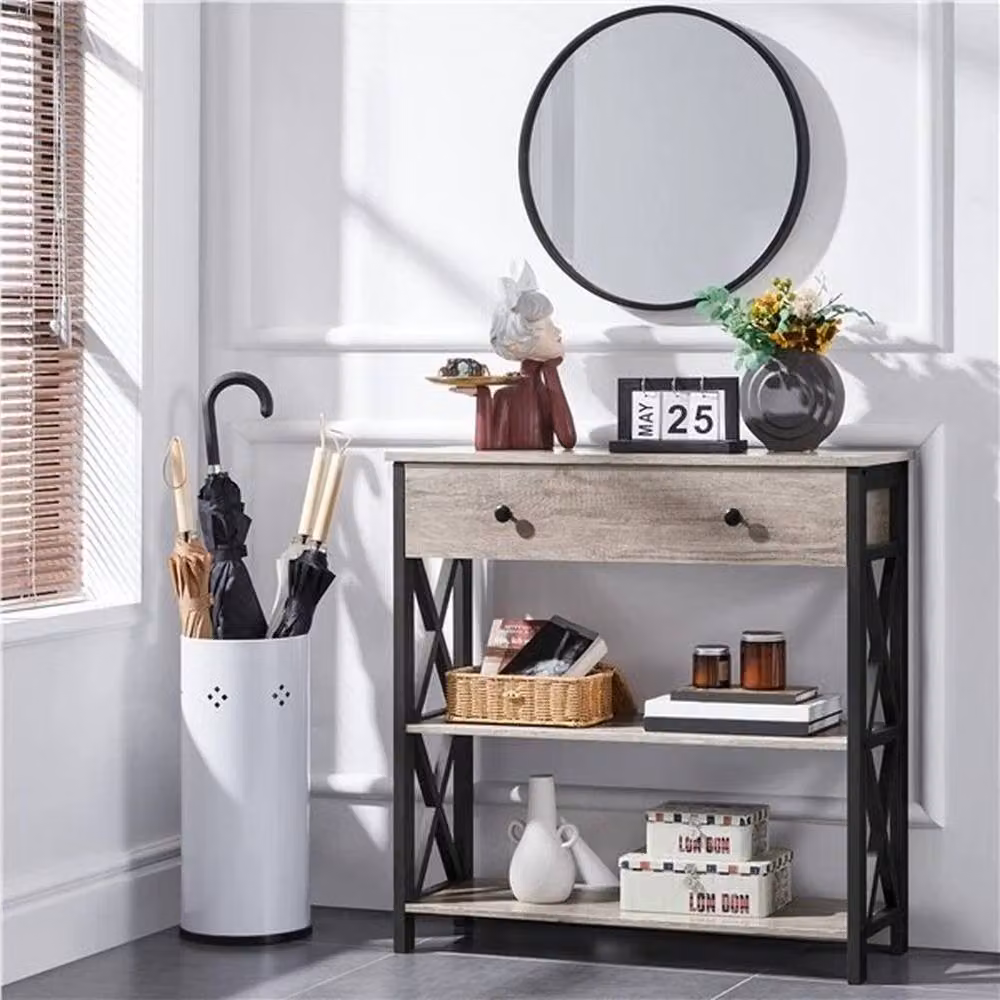 KORVIXA Industrial Console Table with Drawer and Storage Shelves in Grey, W/D/H: 100 x 100 x 80.5 cm – 3